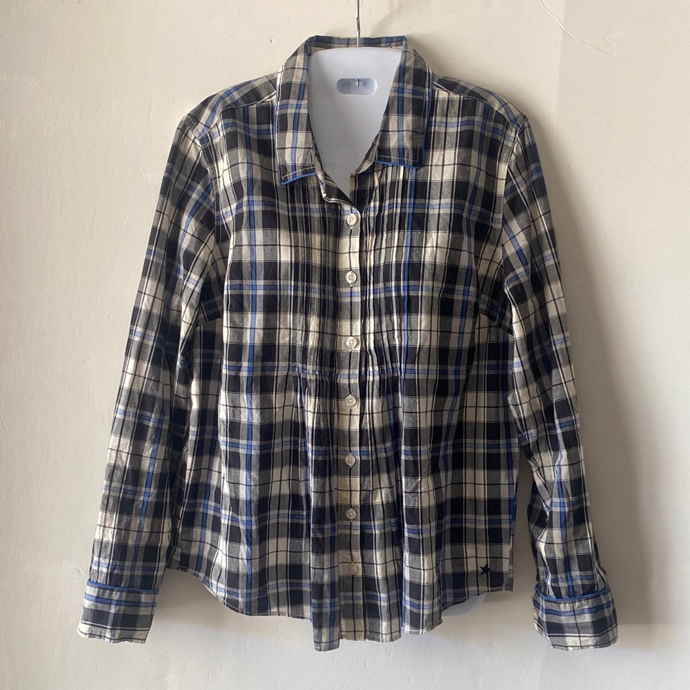aerie Womens Navy, White & Black Plaid Button-Down Shirt country grunge
